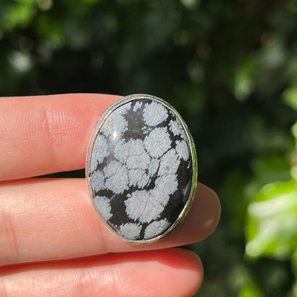Size 6.75 925 silver plated snow flake obsidian ring‎